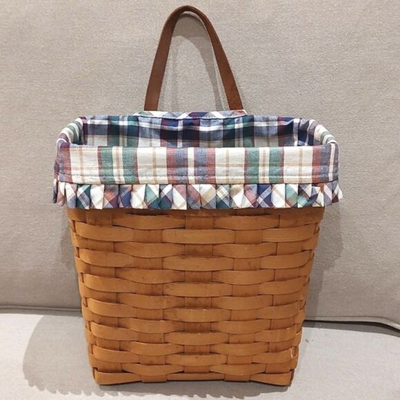 Longaberger Handwoven Tall Wall Hanging Basket Leather Handle Plaid Liner 1999 - Picture 1 of 9